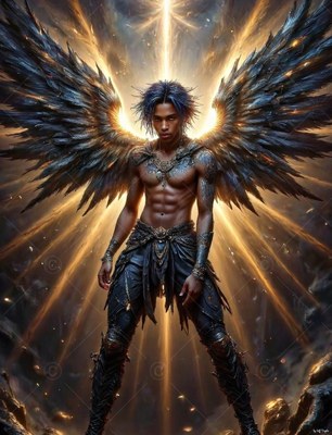 Bare-chested man with large wings with feathers stands before bright beams of gold light