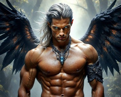 A muscular winged man stands shirtless with fiery highlights along his black feathers
