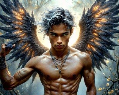 Facing forward in a hazy forest, a shirtless winged man with black feathers