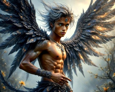 A shirtless young man with large feathered wings stands outdoors in soft light