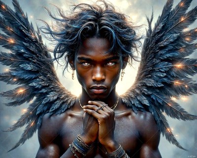 Under a cloudy sky, a bare-chested dark-skinned winged man with black feathers clasps his hands