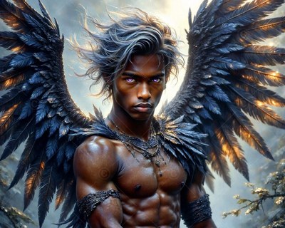 Looking forward with purple eyes, a shirtless man spreads dark full feathered wings