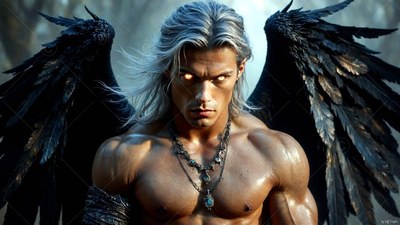 A muscular man with long silver hair and black wings
