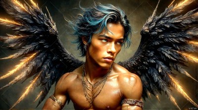 Blue-streaked hair frames a winged man posing against a dark, warm-toned backdrop