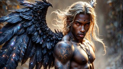 A dark-skinned man with black wings turns his head against hazy sunlight