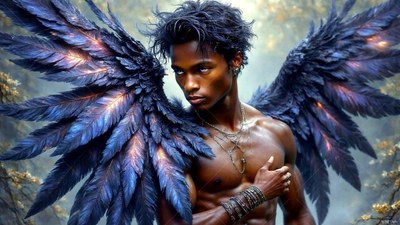Turned sideways in misty woods, a shirtless man spreads dark purple wings
