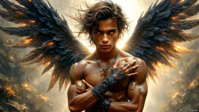 A winged man with a bare chest with dark large feathered wings crosses his arms under a bright sky