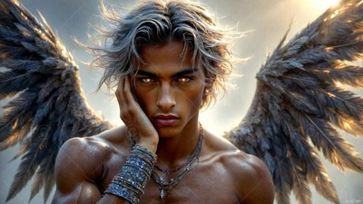 In bright daylight, a shirtless winged man rests his cheek against his hand