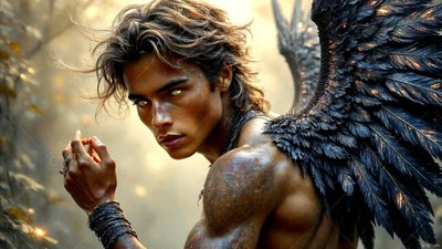 Looking back over his shoulder, a winged man with yellow eyes raises one hand