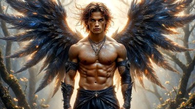 A muscular man with black wings of feathers stands in a misty forest