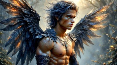 With windblown blue-gray hair, a winged man stands in a misty forest caught in warm light