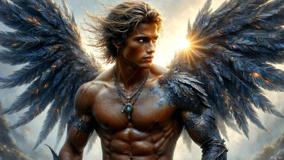 A muscular man spreads dark full feathered wings as bright sunlight shines behind him