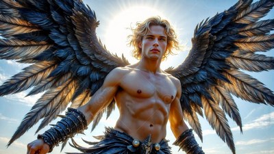 Standing in a bright sky, a winged man looks forward under direct sun