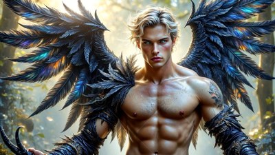 A shirtless blond man with black feathered wings stands in the woods under soft sunlight