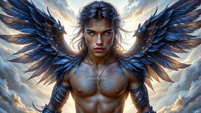In a bright cloudy sky, a shirtless winged man stares ahead with dark feathered wings