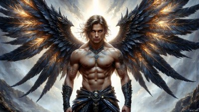 Spreading black feathered wings, a muscular man stands against a bright sky