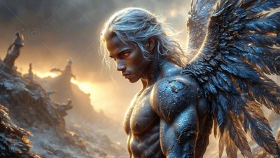 Muscular man with silver wings standing on a rocky hill
