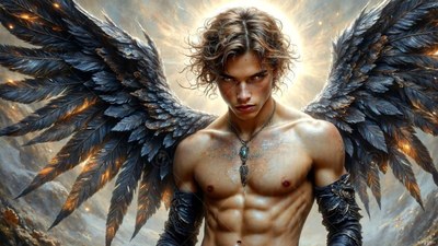 A bare-chested man with large black wings of feathers stands before bright sunlight in rocky hills