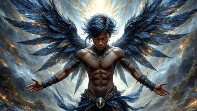 A winged man stands with open arms before bright golden light in a stormy sky