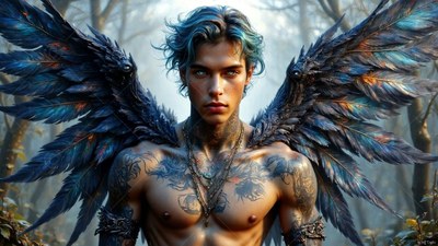 Facing forward in a misty forest, a tattooed man with dark wings looks ahead