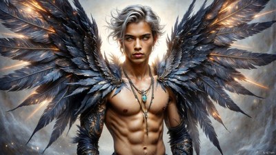 A shirtless man with silver hair spreads dark wings with feathers in gray clouds
