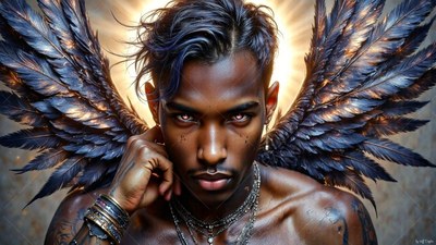 Before a bright halo, a shirtless man with dark wings with feathers touches his neck