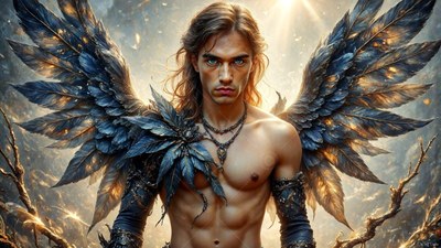 Spreading feathered dark wings, a shirtless man stares ahead in bright sunlight
