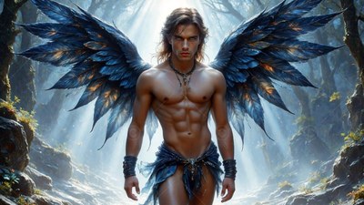 A winged muscular standing man under sunlight in a forest path