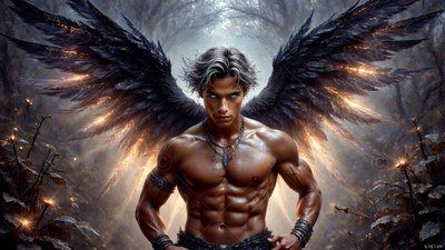 A shirtless muscular man with black full feathered wings stands in a dark forest