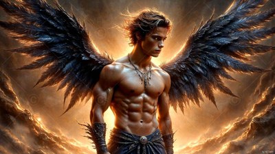 A bare-chested winged man spreads black wings of feathers against warm golden light