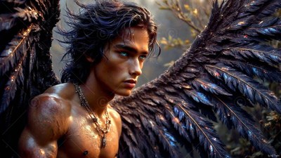 Turned in profile in a dark forest, a shirtless man spreads dark large feathered wings