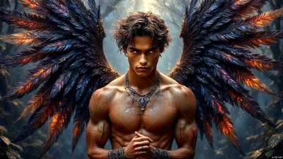 A shirtless man with large black and orange wings with feathers in a misty forest