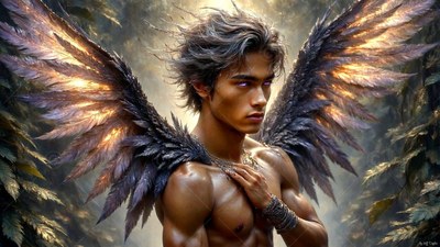 In a dark forest, a shirtless winged man rests his hand on his chest