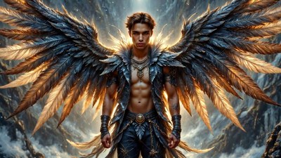 Spreading large wings of feathers, a shirtless man stands in rocky hills