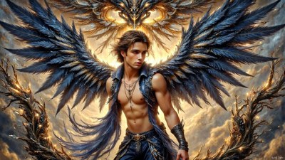 A bare-chested winged man stands before an owl pattern in dark blue and gold