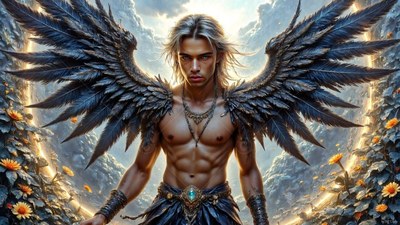 Dark wings of feathers spread behind a shirtless man framed by yellow flowers in the sky