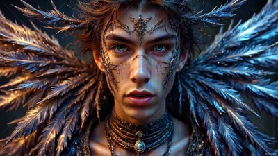 A young winged man stares forward with blue highlights on his feathers