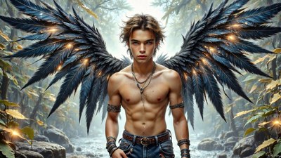 Standing forward in a forest, a shirtless man spreads black wings