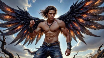 A shirtless man with large feathered black wings is standing outside in blue jeans