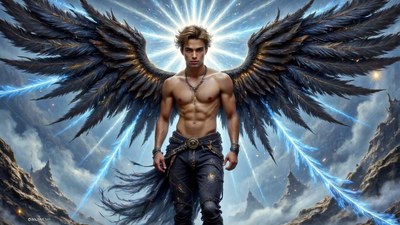 In a mountain valley, a shirtless man with spread black wings stands in bright light