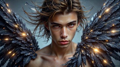 Staring forward, a young man spreads black full feathered wings shining with tiny lights