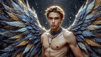 A shirtless young man with silver and gold wings of feathers