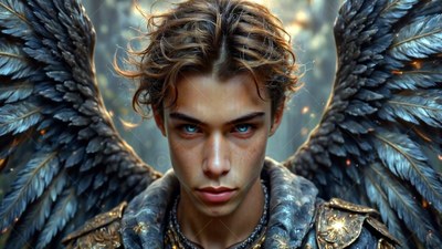 Bright blue eyes stare forward from a young man with dark feathery wings in soft light