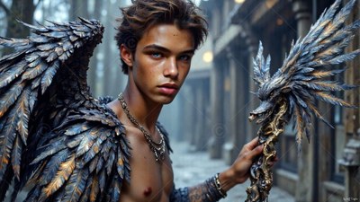 A winged young man holds a feathered staff in a street under soft gray light