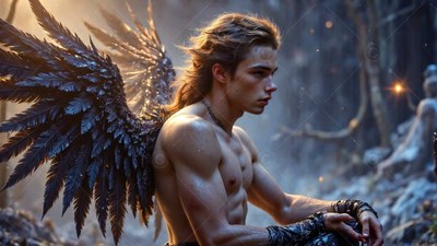 Sitting in profile in a dark forest, a shirtless man has black wings with feathers