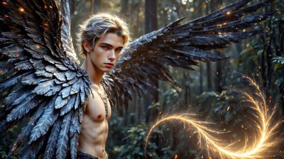 A shirtless young man with large wings of feathers stands in a dark forest