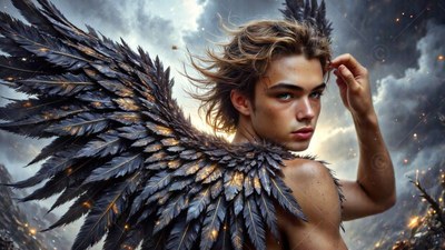 Under a stormy sky, a shirtless young man looks back with dark large feathered wings