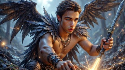 Crouching in the woods, a winged young man holds a lit spear against the ground