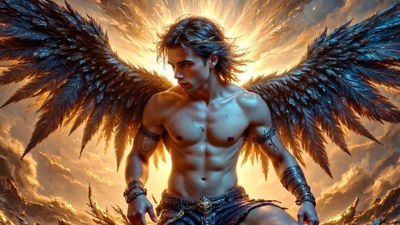 A shirtless man with large dark wings in a bright cloudy sky