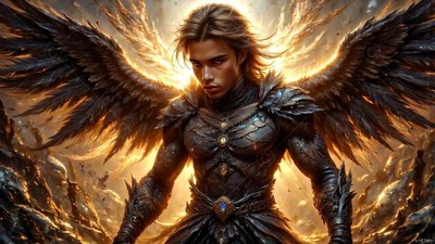 Black textured armor covers a winged man standing before bright golden fire and dark smoke